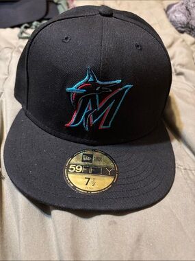 New Era Black Miami Marlins Fitted Hat with Teal & Red Logo